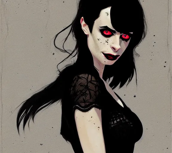 Image similar to krysten ritter as a death from sandman, goth, black lace, by atey ghailan, by greg rutkowski, by greg tocchini, by james gilleard, by joe fenton, 9 0 s aesthetic