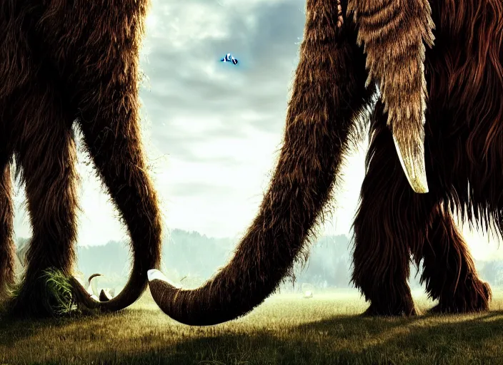 Image similar to hyperrealism, detailed textures, photorealistic, 3 d render, a surreal mystical wooly mammoth grazing, ultra realistic cinematic, intricate, cinematic light, concept art, illustration, art station, unreal engine