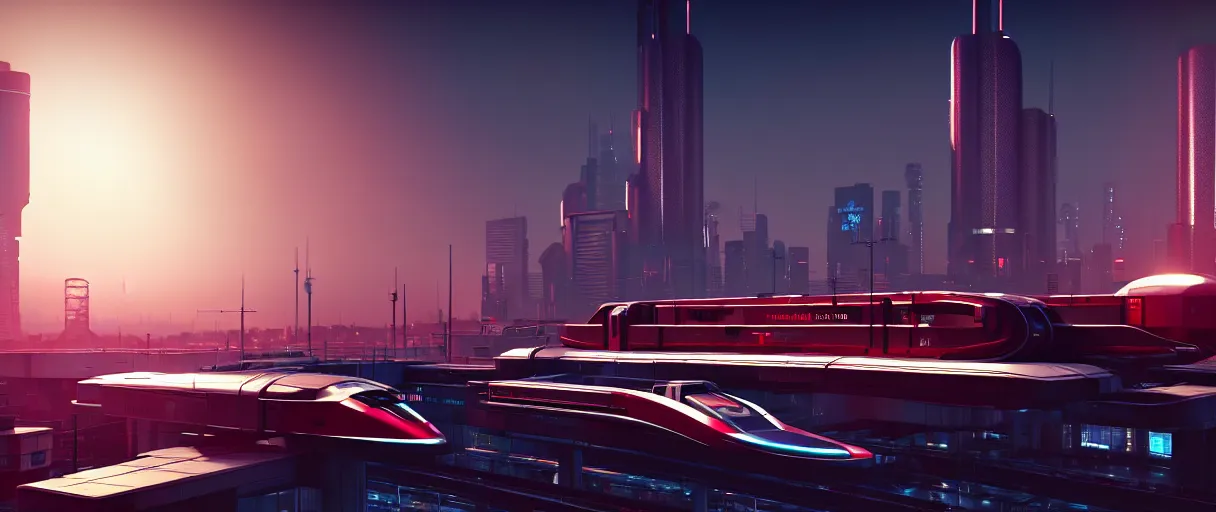 Prompt: futuristic city center with maglev train station in background, modern landscape architectural design for industrialpunk concrete and glass, maroon metallic accents, gorgeous lighting, golden hour, cyberpunk, 2077, dramatic lighting and composition, photography, 8k, origin 100i, star citizen