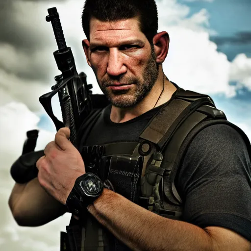 Image similar to john bernthal as chris redfield, 4 k, high detail, high - resolution photograph, professional photography, ultra - detail