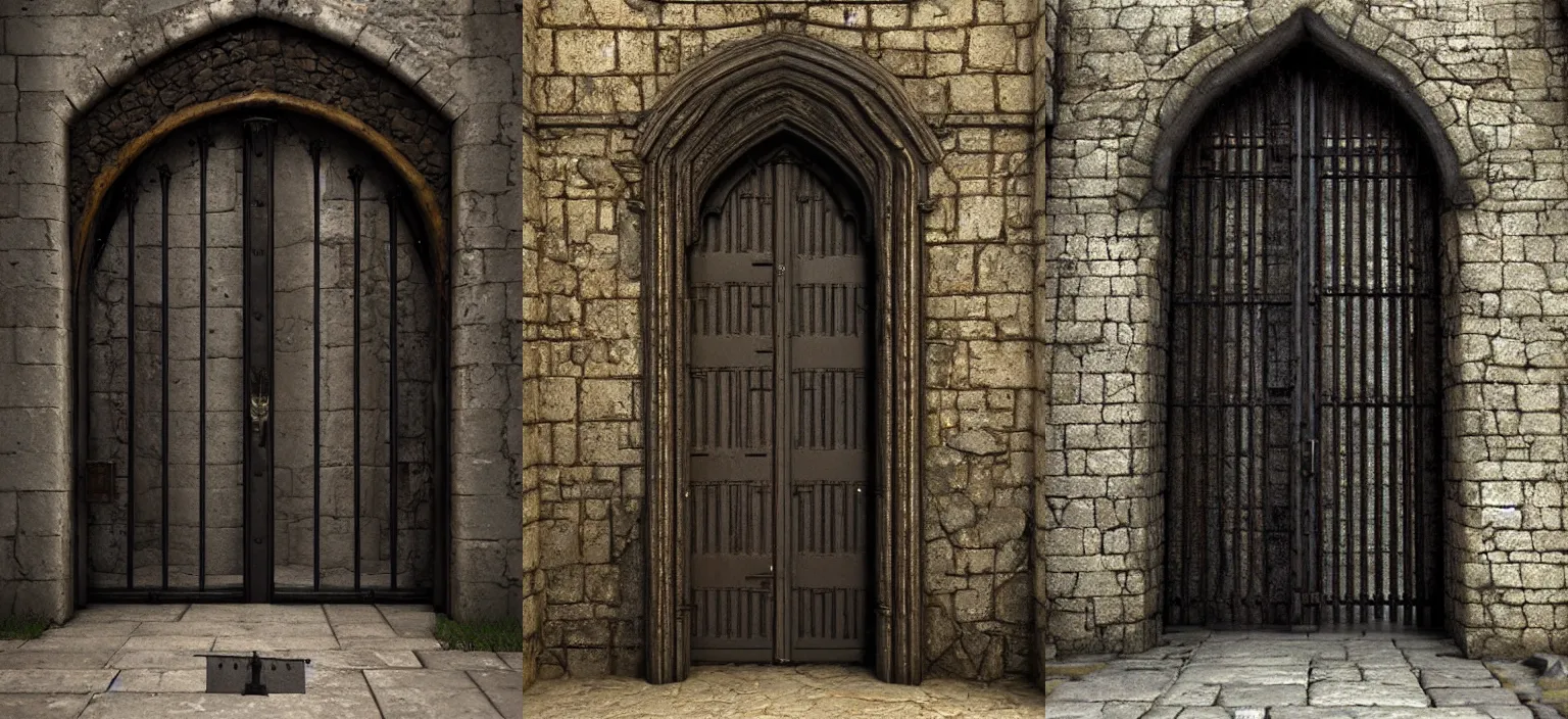 Prompt: medieval door with black steel bars, unreal engine, greg rutkowski, detailed and intricate environment