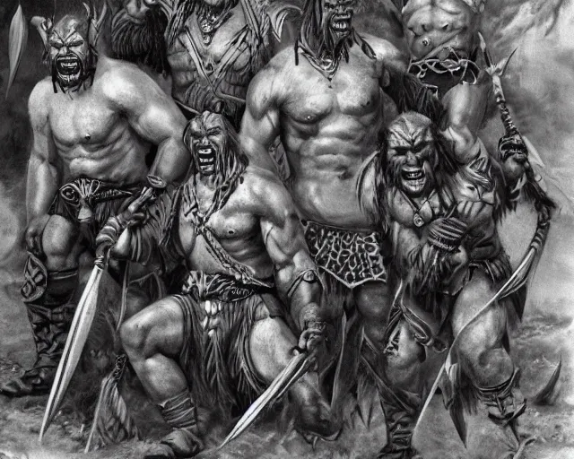 Image similar to group vintage photograph of a real fantasy warrior orc tribe, tall, muscular, sharp fangs and tusks, armored, tribal paint, highly detailed, hd, hq