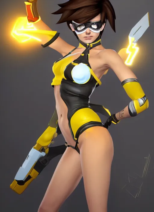 Image similar to tracer game character, in yellow bikini, blonde hair, black eyes, full height
