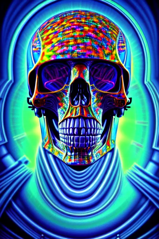 Image similar to maximalist detailed scifi robot skull portrait. lowbrow scifi artwork by kidsquidy. ray tracing hdr polished sharp in visionary psychedelic fineart style inspired by alex grey and cameron gray