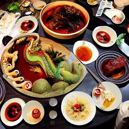 Image similar to high - end hot pot restaurant serving chinese dragon meat