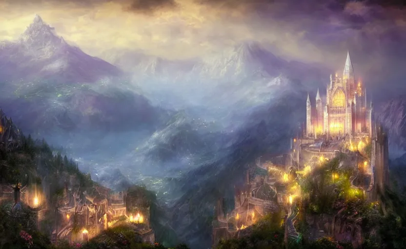 Image similar to beautiful secret city of the elves gondolin on top of a mountain, magical gloomy mystical. by konstantin razumov, fractal flame, chiaroscuro, highly detailded