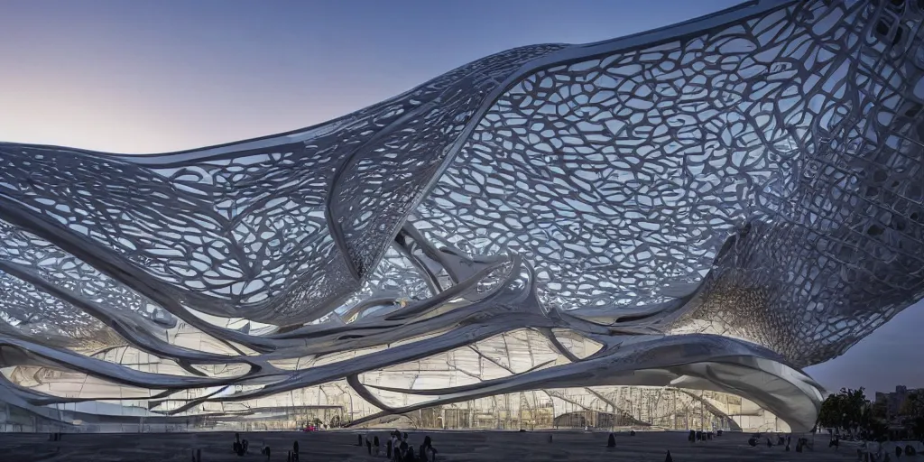 Image similar to extremely detailed ornate stunning sophisticated beautiful elegant futuristic museum exterior by Zaha Hadid, stunning volumetric light, sunset, 8k dragonfly structural pattern