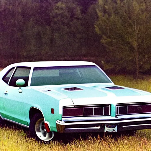 Image similar to A photograph of a rusty!!!!!!!!!, worn out!!!!!!!!!!, broken down!!!!!!!!!!, beater!!!!!!!!! Powder Blue Dodge Aspen (1976) in a farm field, photo taken in 1989