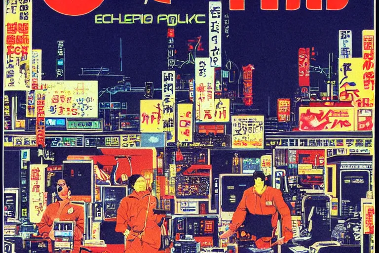 Prompt: 1979 Popular science Magazine Cover of an electronics stall in neo-Tokyo in cyberpunk style by Vincent Di Fate