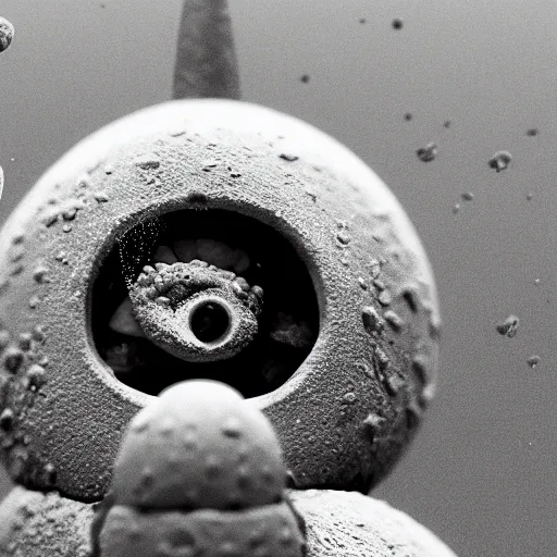 Prompt: scanning electron microscope image of microscopic goblin hiding amongst detritus