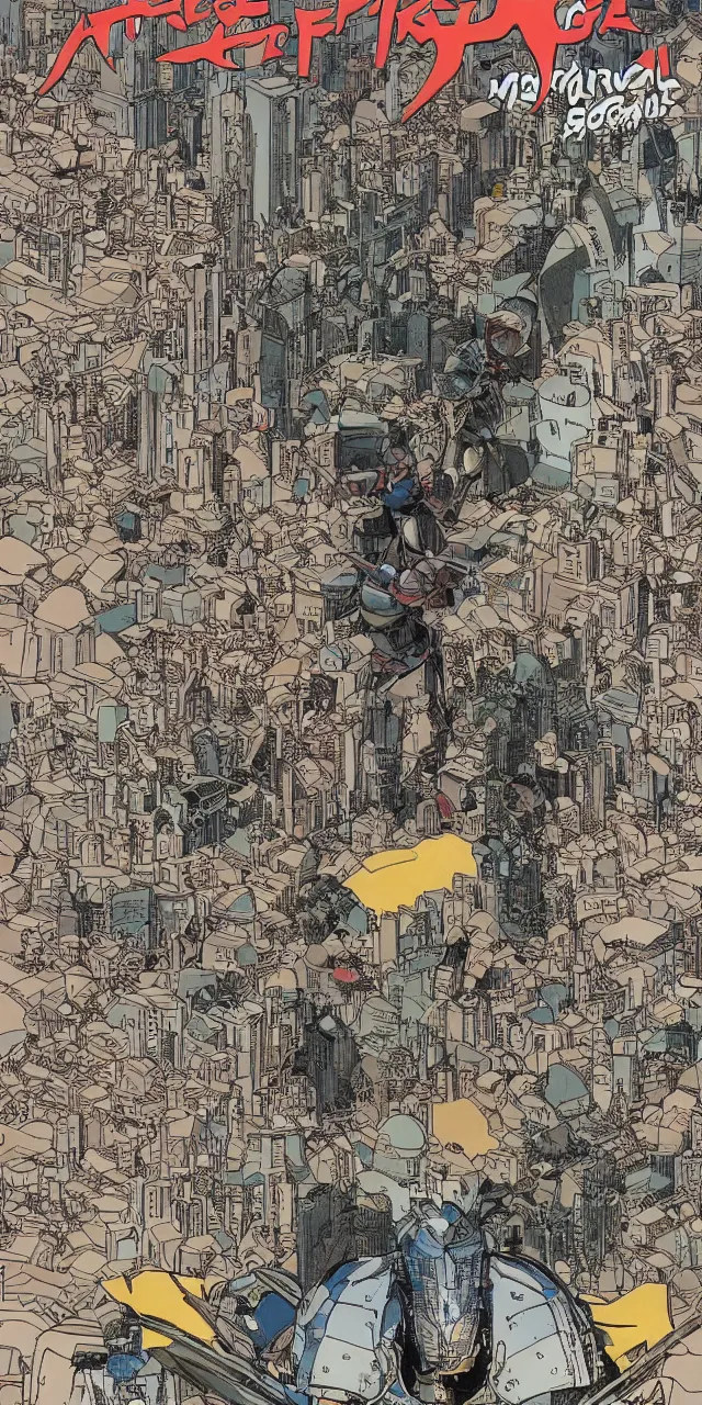 Prompt: hyperdetailed manga cover of a futuristic knight approaching a sci-fi castle by geof darrow and moebius, bokeh