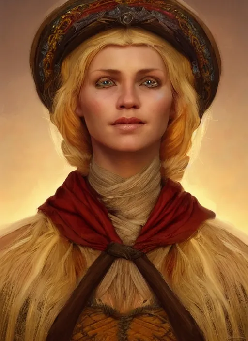 Image similar to blonde peasant woman, fantasy, medieval, vivid colors, fantasy, elegant, concept art, sharp focus, beautiful face!!, digital art, hyper - realistic, 4 k, unreal engine, highly detailed, hd, dramatic lighting by brom, trending on artstation