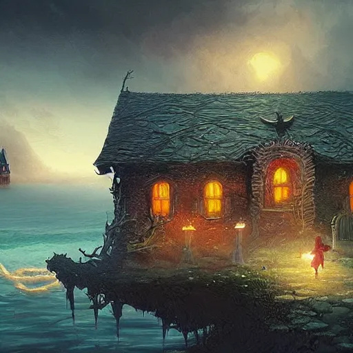 Prompt: a scary witch in front of a witch house made out of candy, floating on the ocean, epic scene, fantasy, cinematic, hyper - detailed, in the style of greg rutkowski