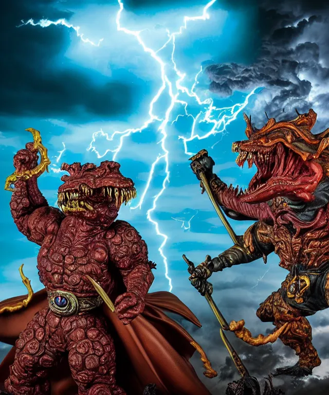 Image similar to hyperrealistic rendering, epic boss battle, ornate supreme demon overlord, by art of skinner and richard corben and jeff easley, product photography, action figure, sofubi, storm clouds, outside, lightning