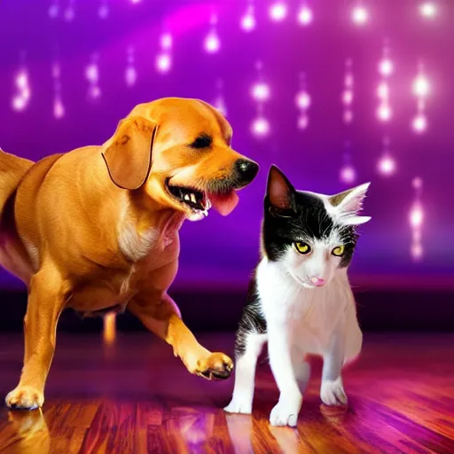 Image similar to dog and cat dancing in a night club