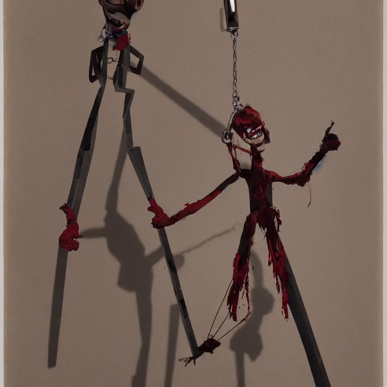 Image similar to a marionette puppet hanging limp with blood running from his eyes, by rutkowski, highly detailed, stark light and shadows