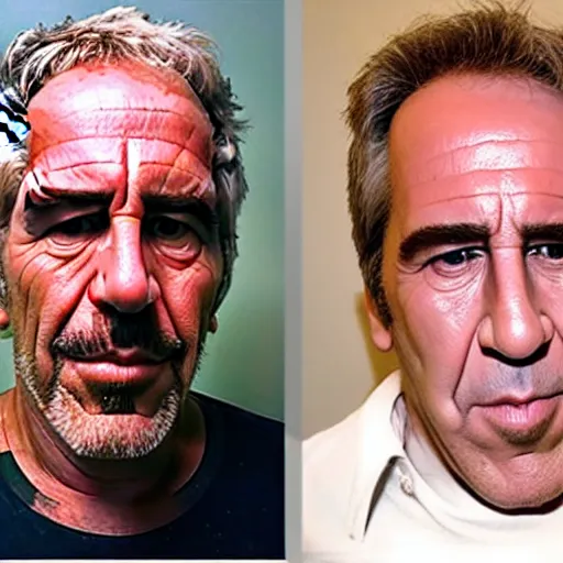 Image similar to Jeffery Epstein peels off his face to reveal Nicholas Cage