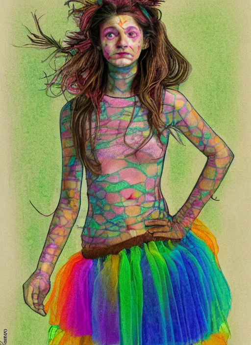 Image similar to surrealism psychedelic full body portrait sketch of thomasin mckenzie as delirium of the endless in fishnet top and rainbow tutu skirt from the sandman, floating goldfish, green and blue eye heterochromia by alex ross, josh kirby, detailed, elegant, intricate