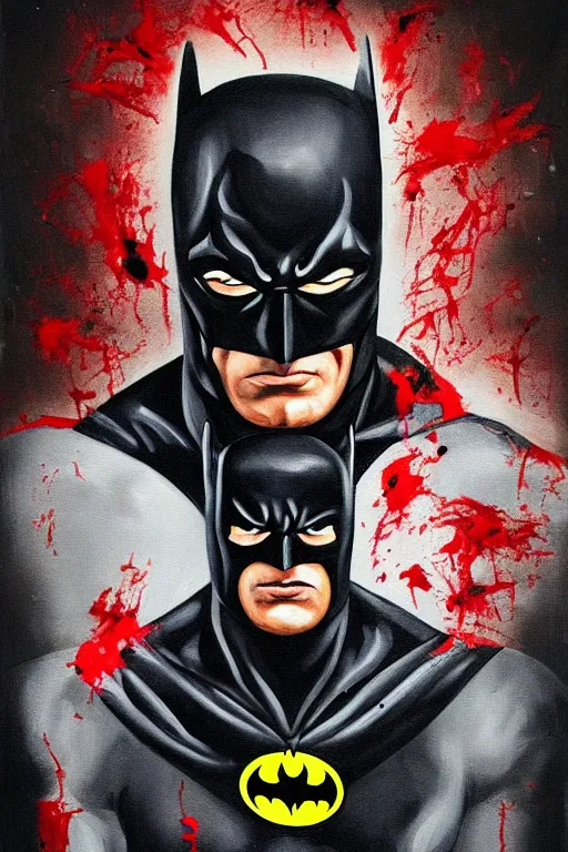 Prompt: A portrait painting of the muscular batman covered in bloody scars