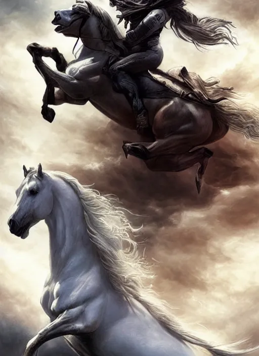 Image similar to the first horseman of the apocalypse riding a white stallion, horse is up on it's hind legs, the rider looks like jesus, ominous, beautiful, artwork by artgerm and rutkowski, breathtaking, dramatic