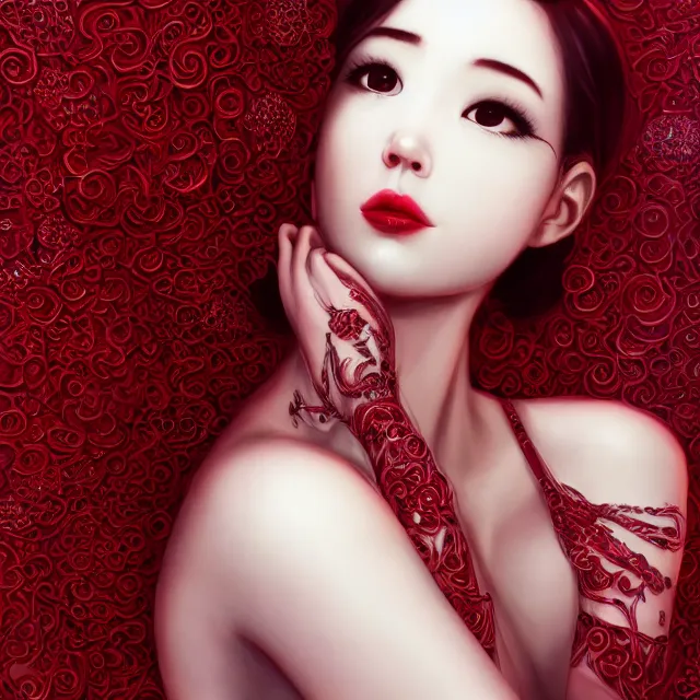 Image similar to studio portrait of absurdly beautiful, elegant, young gravure idol made of rubies and red gems, ultrafine hyperrealistic detailed face illustration by kim jung gi, irakli nadar, intricate linework, sharp focus, bright colors, matte, octopath traveler, final fantasy, unreal engine highly rendered, global illumination, radiant light, intricate environment