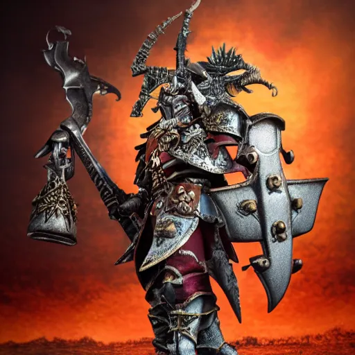 Image similar to warhammer fantasy chaos warrior toy statue, sensual, cinematic, studio light, 8 k