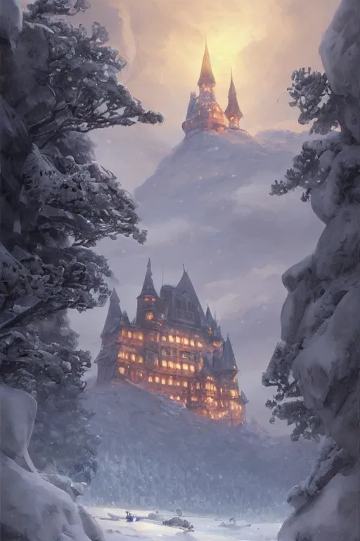 Image similar to a painting of a castle in the middle of a snowy mountain, a detailed matte painting by andreas rocha and greg rutkowski, featured on artstation, fantasy art, matte drawing, matte painting, artstation hq