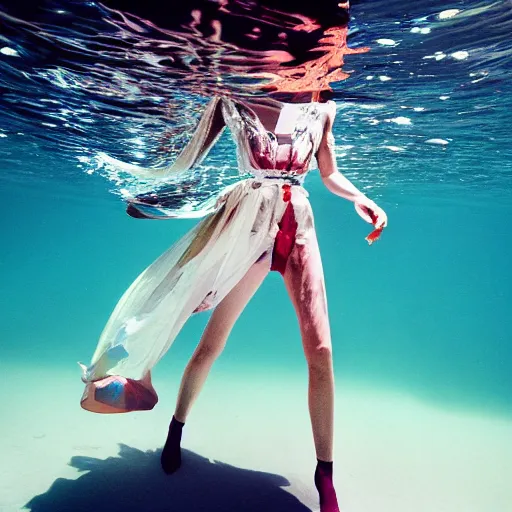 Image similar to medium format photograph of a surreal fashion shoot underwater