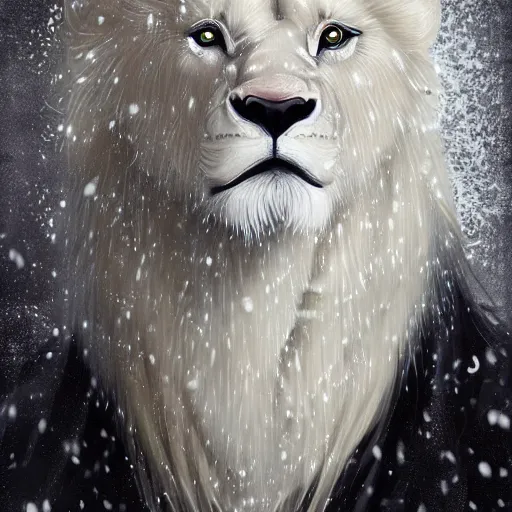 Image similar to aesthetic half body portrait commission of a albino male furry anthro lion wearing a Kimono, detailed face , hyperdetailed, snowy winter atmosphere. Character design by charlie bowater, ross tran, artgerm, and makoto shinkai, detailed, inked, western comic book art, 2021 award winning painting