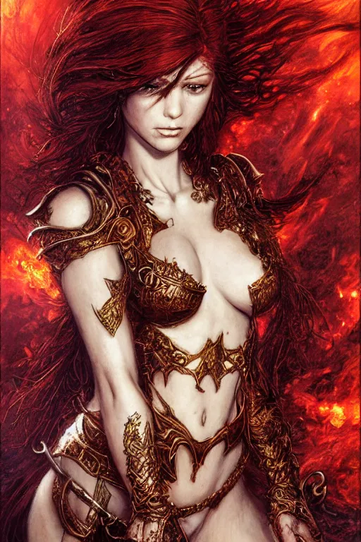 Image similar to portrait of a stunningly beautiful armoured red headed ifrit genie - kin paladin, female, upper body, fantasy, intricate, elegant, highly detailed, digital painting, artstation, concept art, sharp focus, illustration, art by luis royo, wayne barlowe, kirsi salonen, asya yoranova and alan lee