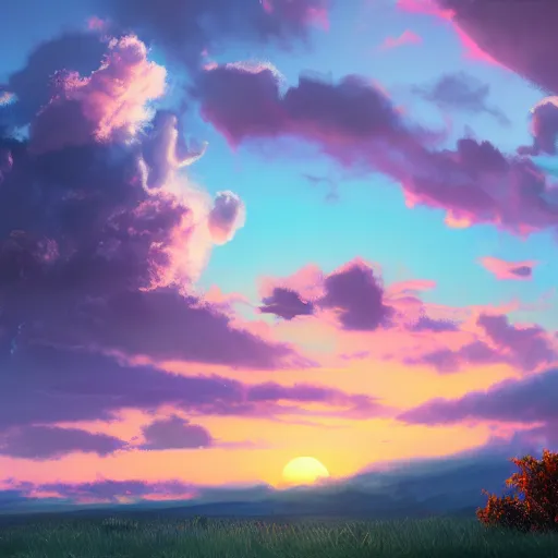 Image similar to peaceful puffy cloud with sunset in the background, matte painting, trending on artstation, artstationHQ, unreal engine, 4k, 8k, anime style