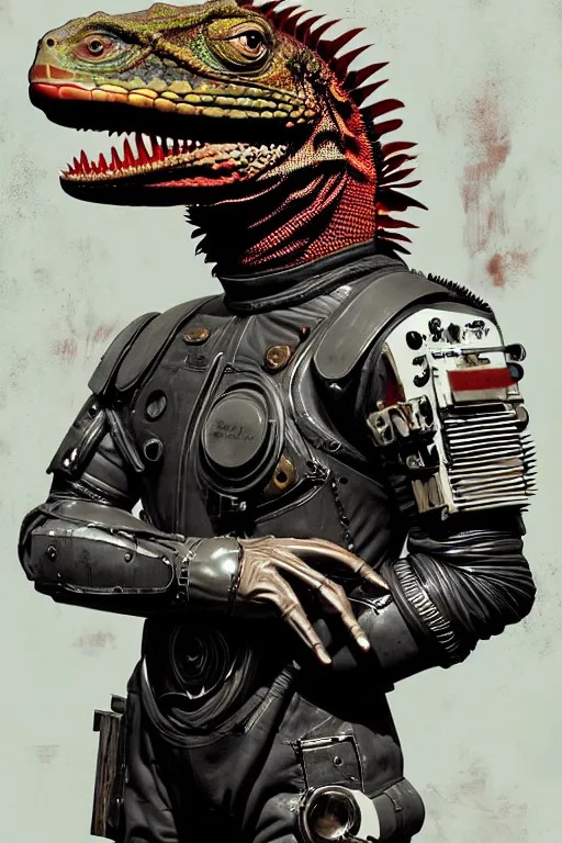 Image similar to a portrait of a muscular anthropomorphic cyberpunk iguana! in leather spacesuit armor with a large head by sandra chevrier, by jon foster, detailed render, pistol in holster, tape deck, epic composition, cybernetics, 4 k realistic, cryengine, realistic shaded lighting, sharp focus, masterpiece, by enki bilal