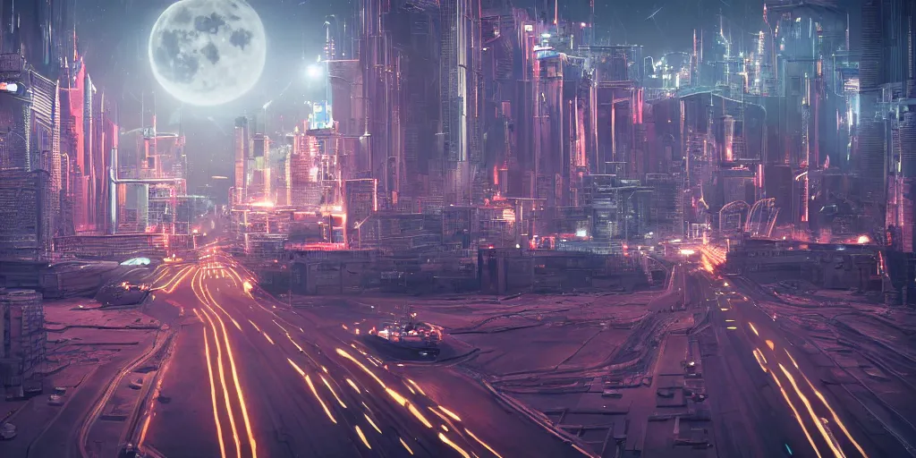 Prompt: cinematic shot of a futuristic neon st. petersburg city in the moon's hollow, russian orbit city cityscape, telephoto, iconic scene from the paranoid thriller sci fi film directed by stanley kubrick, anamorphic cinematography, beautiful composition, color theory, leading lines, photorealistic, moody volumetric lighting