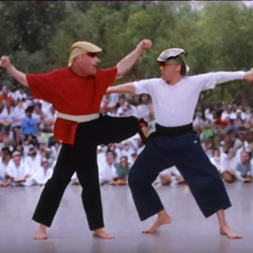 Prompt: still of donald trump as the karate kid, crane kick