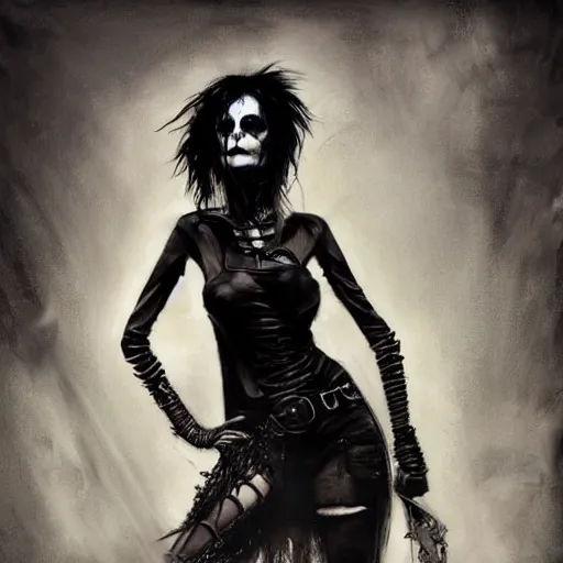 Prompt: wyona rider as death from sandman, goth chic, by jeremy mann, by cedric peyravernay, by by russ mills, by richard avedon dramatic lightning, sadness, eyeliner, punk rock, high detailed, 8 k