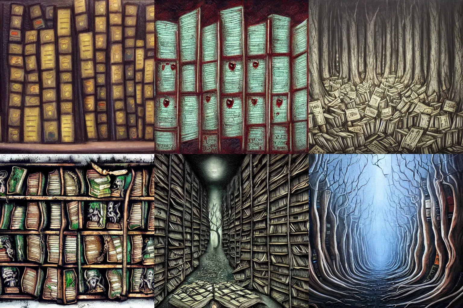 Prompt: a creepy forest of books. melting, moldering, decaying books of demonic script. style of lovecraft. horror concept art. oil painting.