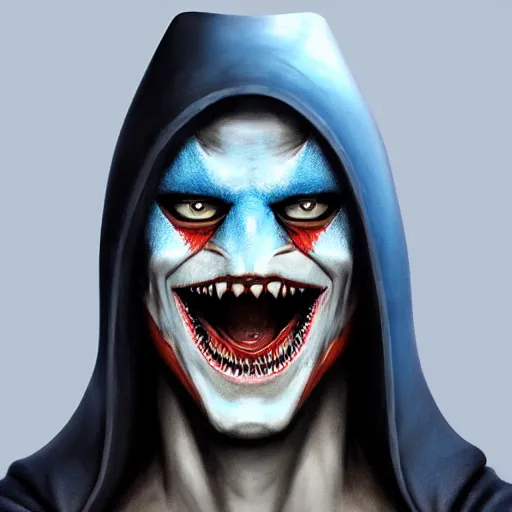 Image similar to ultra realistic illustration, man with black hair with a black mask, in a hood in the form of a blue shark with white teeth, red and blue eyes, mysterious, poker man, highly detailed, digital painting, artstation, concept art, smooth, sharp focus, illustration, art by artgerm and greg rutkowski and alphonse mucha