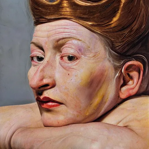 Prompt: high quality high detail painting by lucian freud, hd, exaggerated portrait of a beauty queen, photorealistic lighting