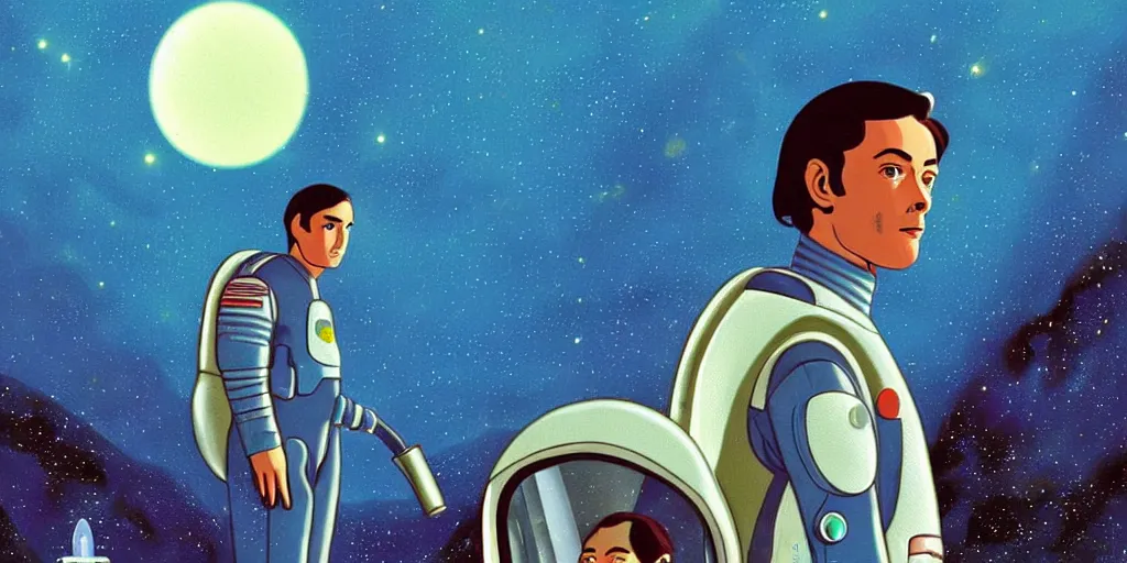 Prompt: a portrait of lonely single Alain Delon alone pilot in spacesuit on field forrest spaceship station landing laying lake artillery outer worlds in FANTASTIC PLANET La planète sauvage animation by René Laloux