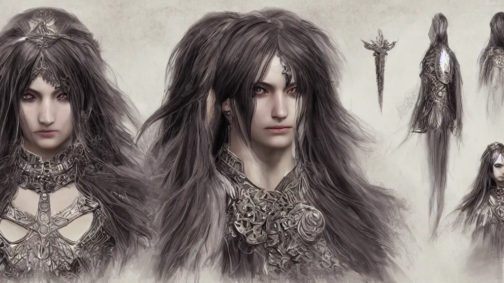 Image similar to concept art sheet, photorealistic symmetrical beautiful young female priestess with shiny hair wearing full intricate clothing, intricate, cg society, Elden Ring, darksouls, bloodborne