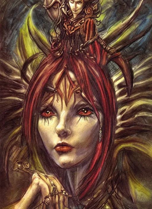 Image similar to portrait of young female sorceress of the endtimes, beautiful! coherent! dungeons and dragons character, by brian froud, strong line, night color, high contrast