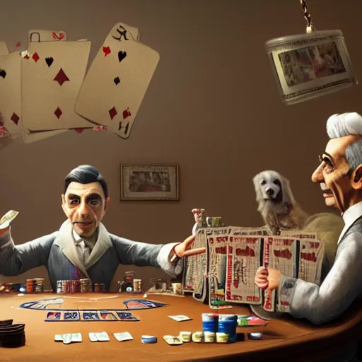 Prompt: a highly detailed matte portrait mister bean playing poker with dogs, standing at a card table, art by cassius marcellus coolidge and jacque - louis david, volumetric lighting, octane render, 4 k resolution, trending on artstation, masterpiece