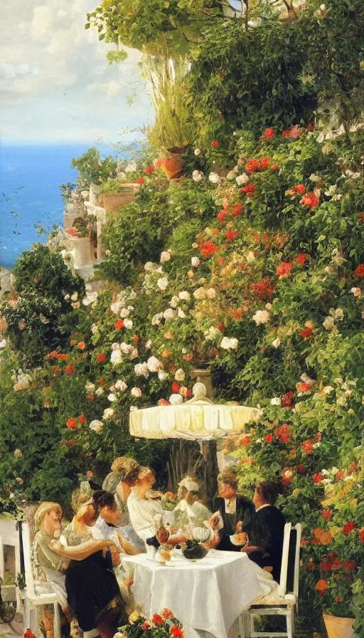 Image similar to still-life painting of garden-terrace party overlooking the Amalfi Coast, by Peder Krøyer, golden hour, dramatic lighting, volumetric lighting, intricately detailed, canvas print