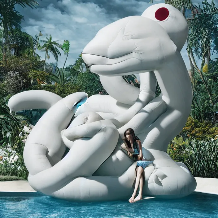 Prompt: minimal modernist bauhaus style neverending story inflatable pool floats, ultra realistic, concept art, intricate details, serious, highly detailed, photorealistic, octane render, 8 k, unreal engine, art by todd mcfarlane and artgerm and greg rutkowski and alphonse mucha