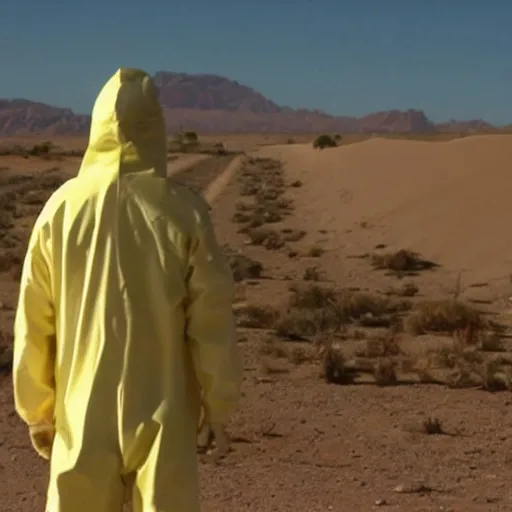 Prompt: a man wearing a hazmat suit and gasmask, in the desert, film still, directed by vince gilligan