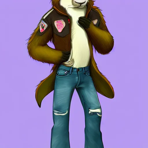 Image similar to beautiful furry art of ferret in jacket and jeans, deviant art, high quality, detailed, zootopia style