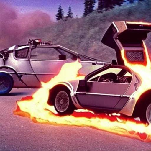 Prompt: back to the future car with fire trail cat chasing it