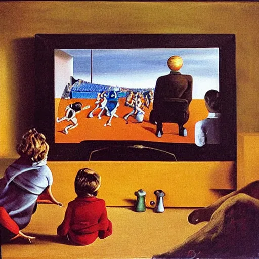 Prompt: family watching sporting event on tv, painting by Salvador Dali