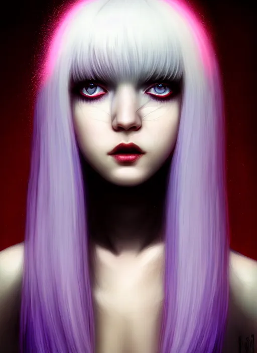 Image similar to hair whitebangs hair, black hair, whitebangs, portrait of teenage girl with white bangs, red irises, purple clothes, white bangs, bangs are different color from hair, intricate, elegant, glowing lights, highly detailed, digital painting, artstation, concept art, smooth, sharp focus, illustration, art by wlop, mars ravelo and greg rutkowski