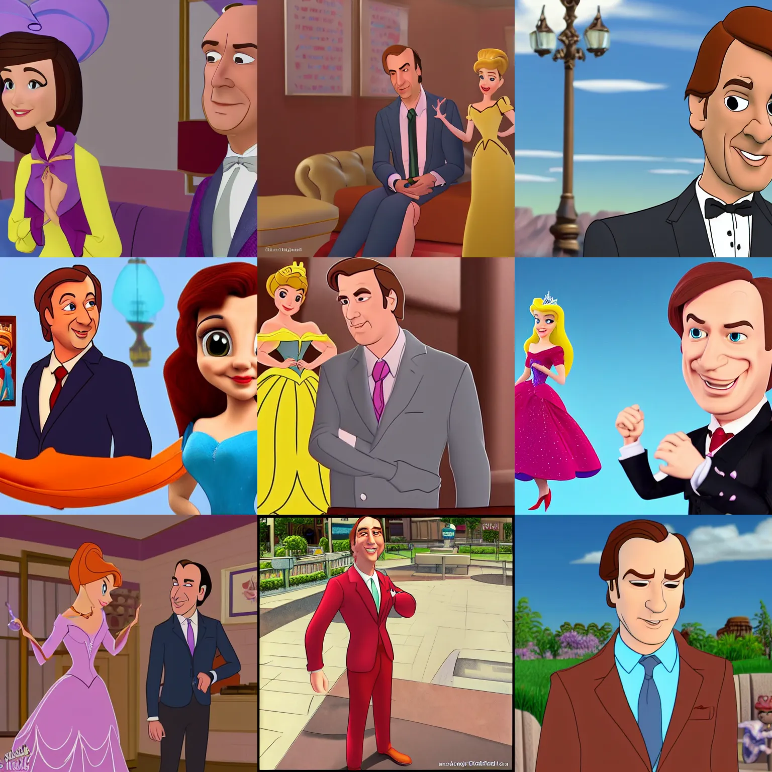 Prompt: saul goodman as a disney princess, 3 d animated, beautiful scene